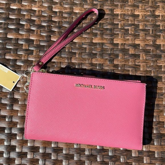 Michael Kors Jet Set Travel Large Double Zip Wristlet Wallet Rosewood Leather - Picture 15 of 16